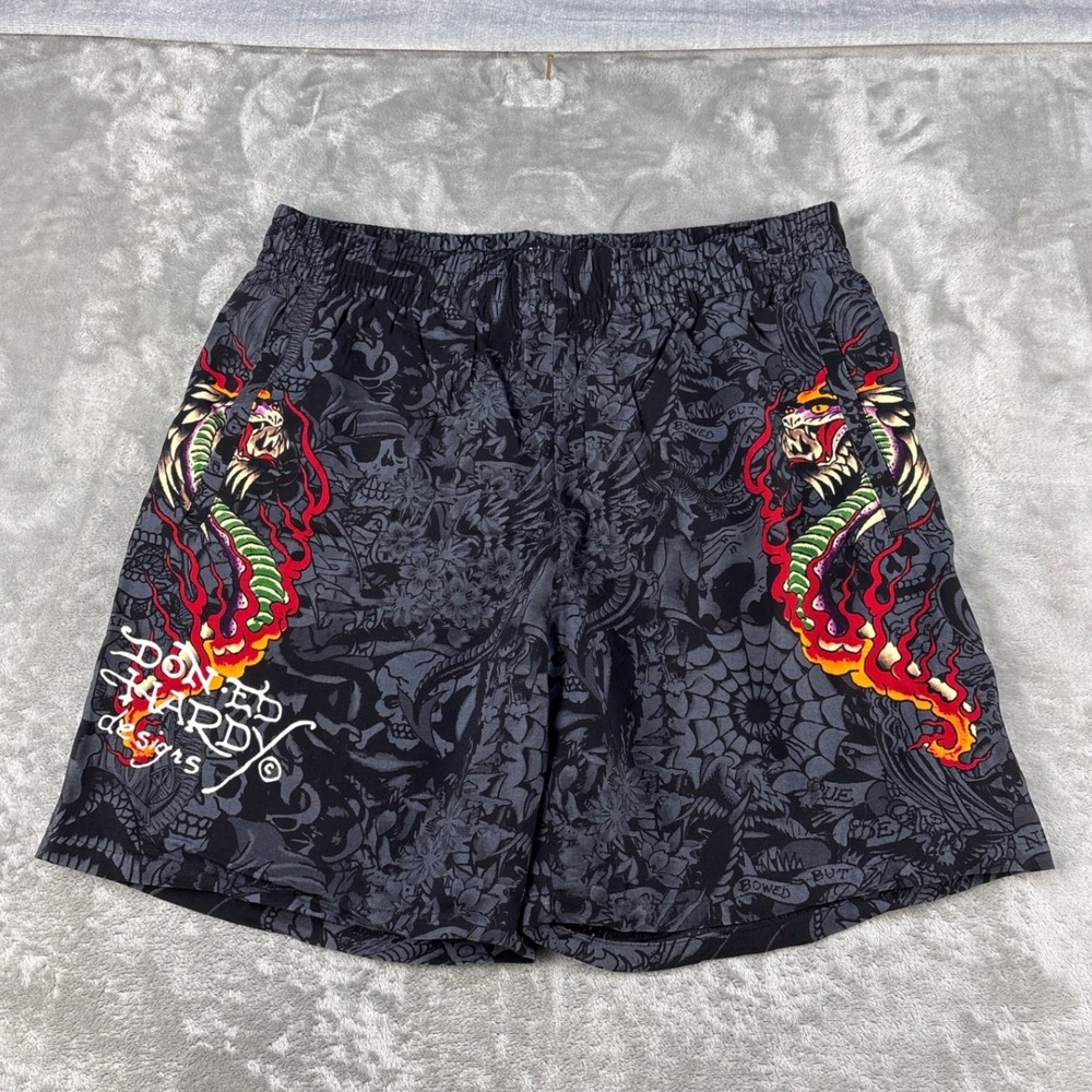 Ed Hardy Board Shorts Mens Medium Tattoo Print Black Multi Graphic NEW